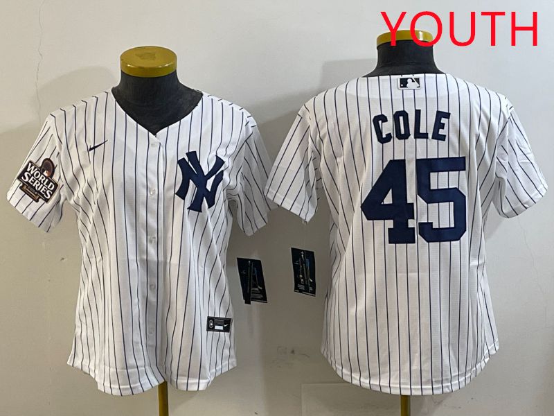 Youth New York Yankees #45 Cole White Stripe Game 2025 Nike MLB Jersey style 3